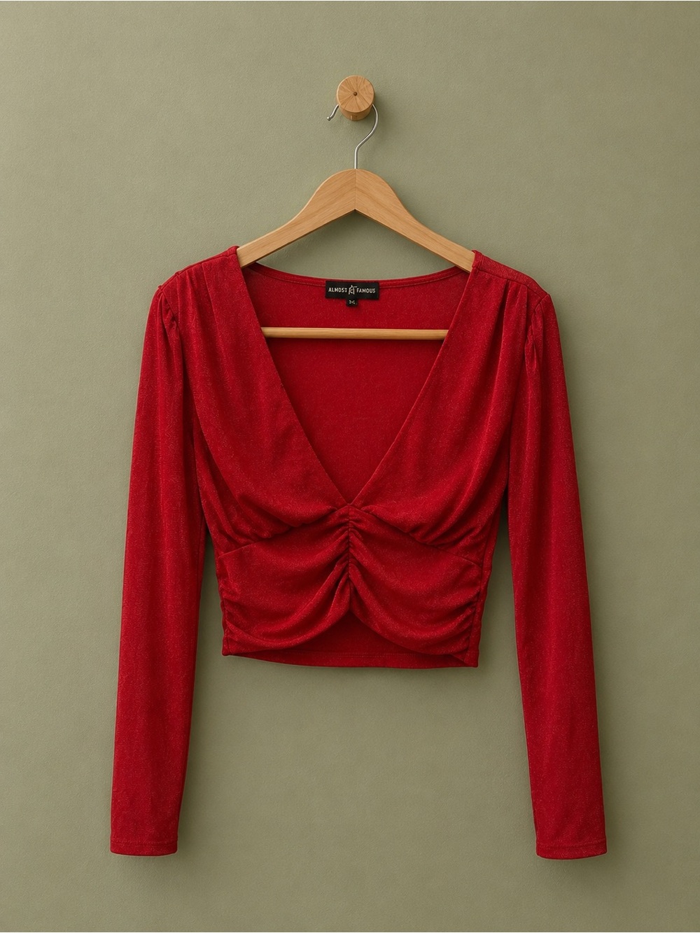 Almost Famous Red Cropped V-Neck Long Sleeve Ruched Top